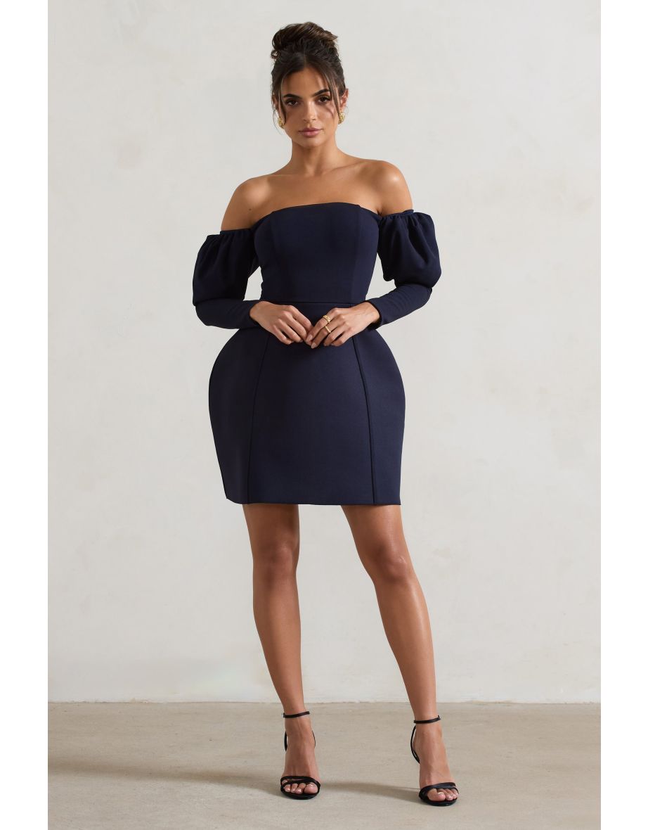 Shop Evangeline Navy Structured Bardot Puff Sleeve Mini Dress Online in Qatar VogaCloset