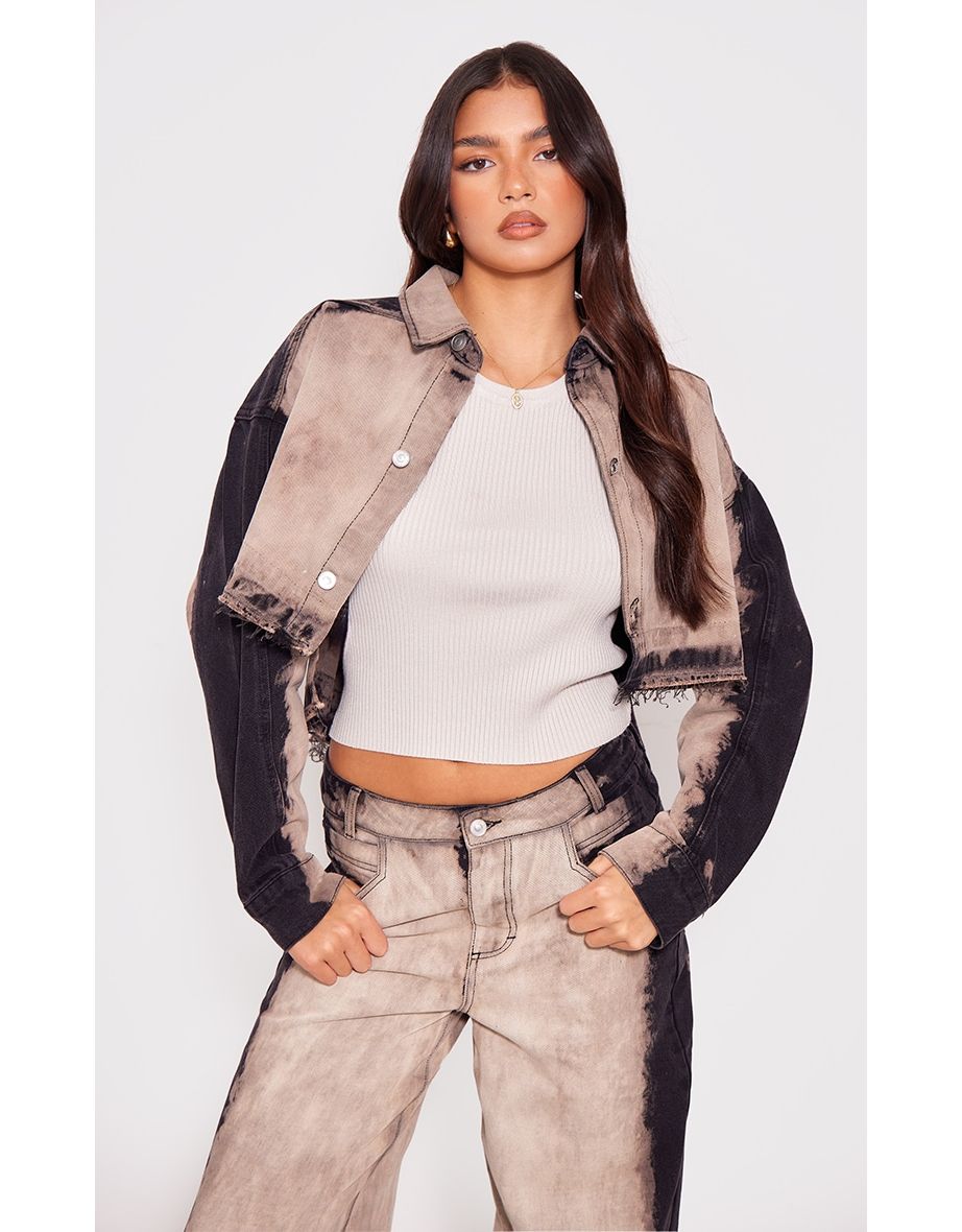 Light Grey Raw Hem Bleach Wash Button Up Cropped Jacket