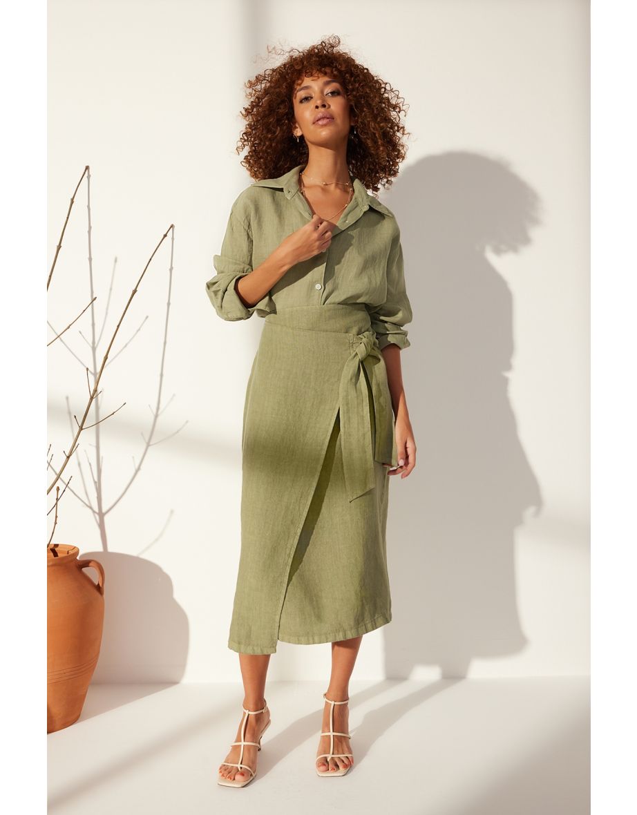 Shop Green 100 Linen Tie Midi Skirt Online in Qatar VogaCloset