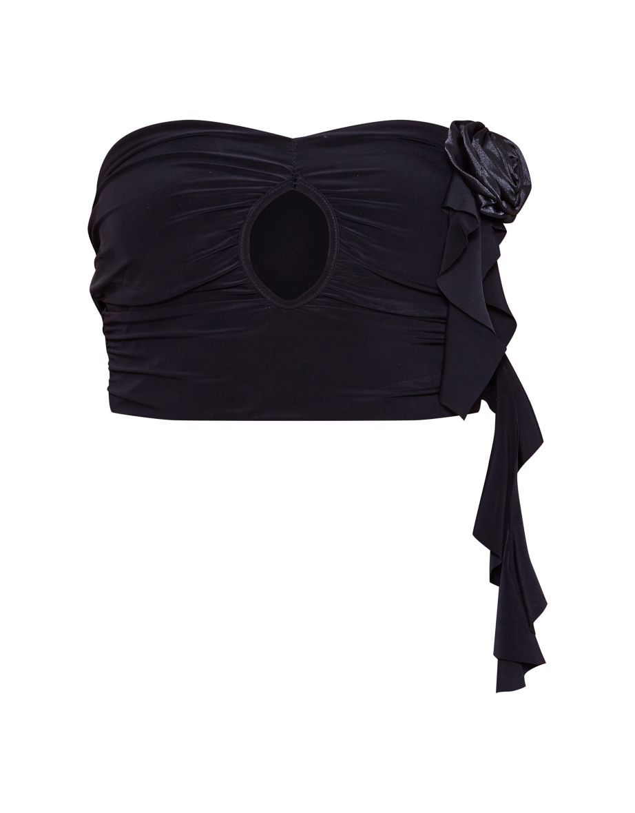 Black Rose Applique Slinky Ruched Bandeau Top - 4