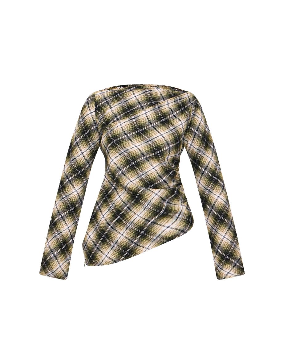 Green Check Asymmetric Long Top - 4