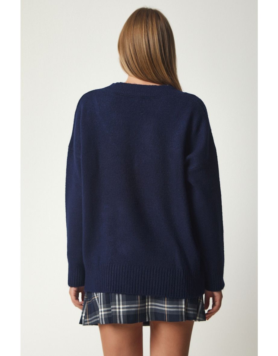 Women's Navy Blue V-Neck Oversize Knitwear Sweater - 4