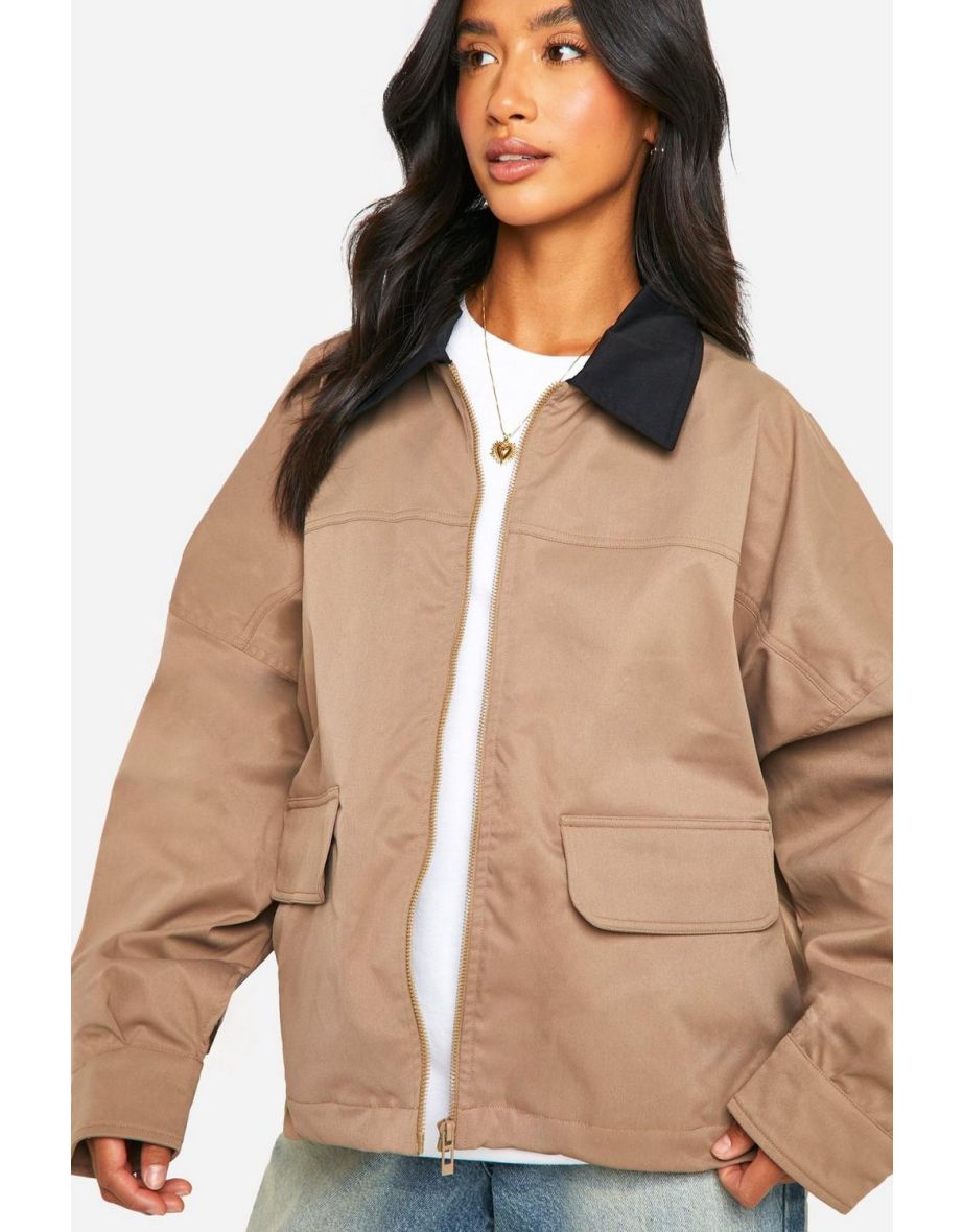 Petite Contrast Collar Oversized Harrington Jacket - 3