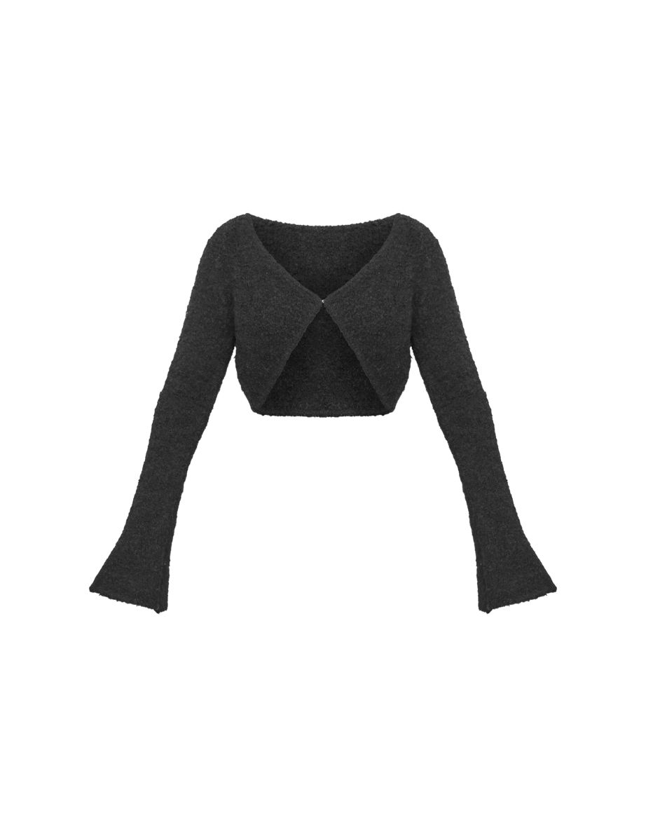Black Stripe Textured Knit Flared Sleeve Mini Cardigan - 4