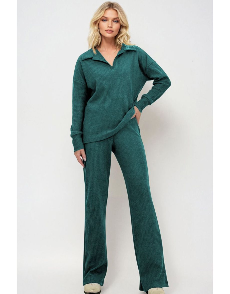 Women's Petrol Blue Polo Neck Top and Palazzo Pants Knitwear Bottom Top Set