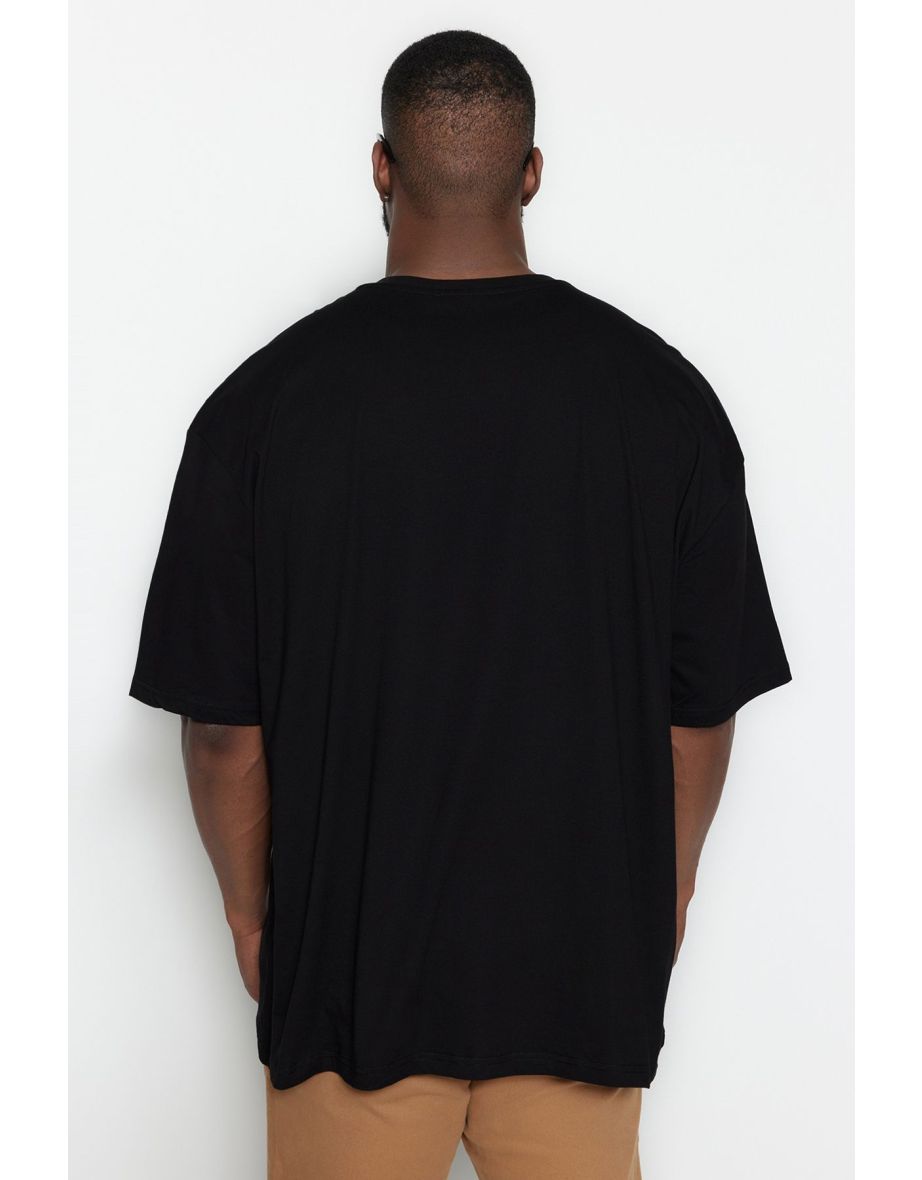 Men's Plus Size Black Oversize/Wide-Fit 100% Cotton Dinosaur Embroidered T-Shirt - 9