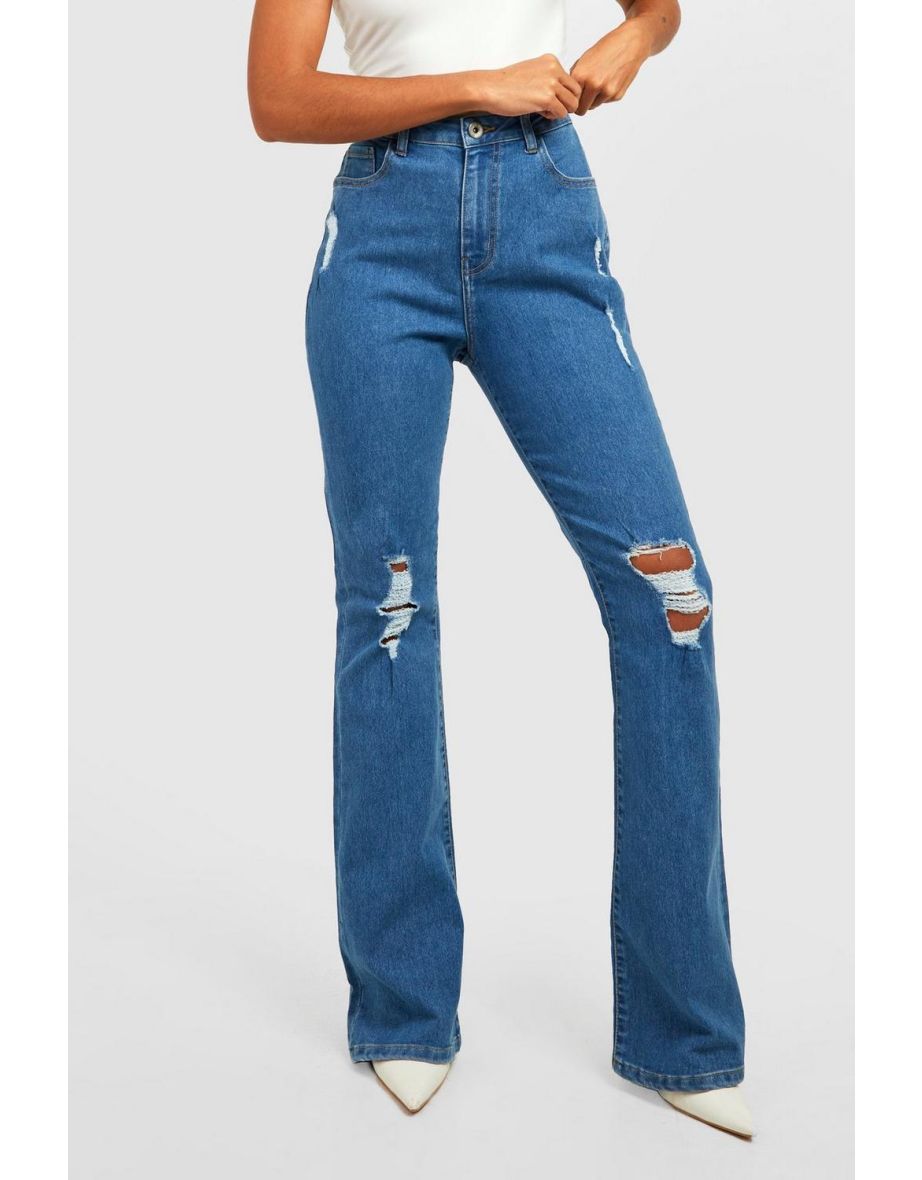 Basics High Waisted Ripped Flared Jeans - mid wash - 3