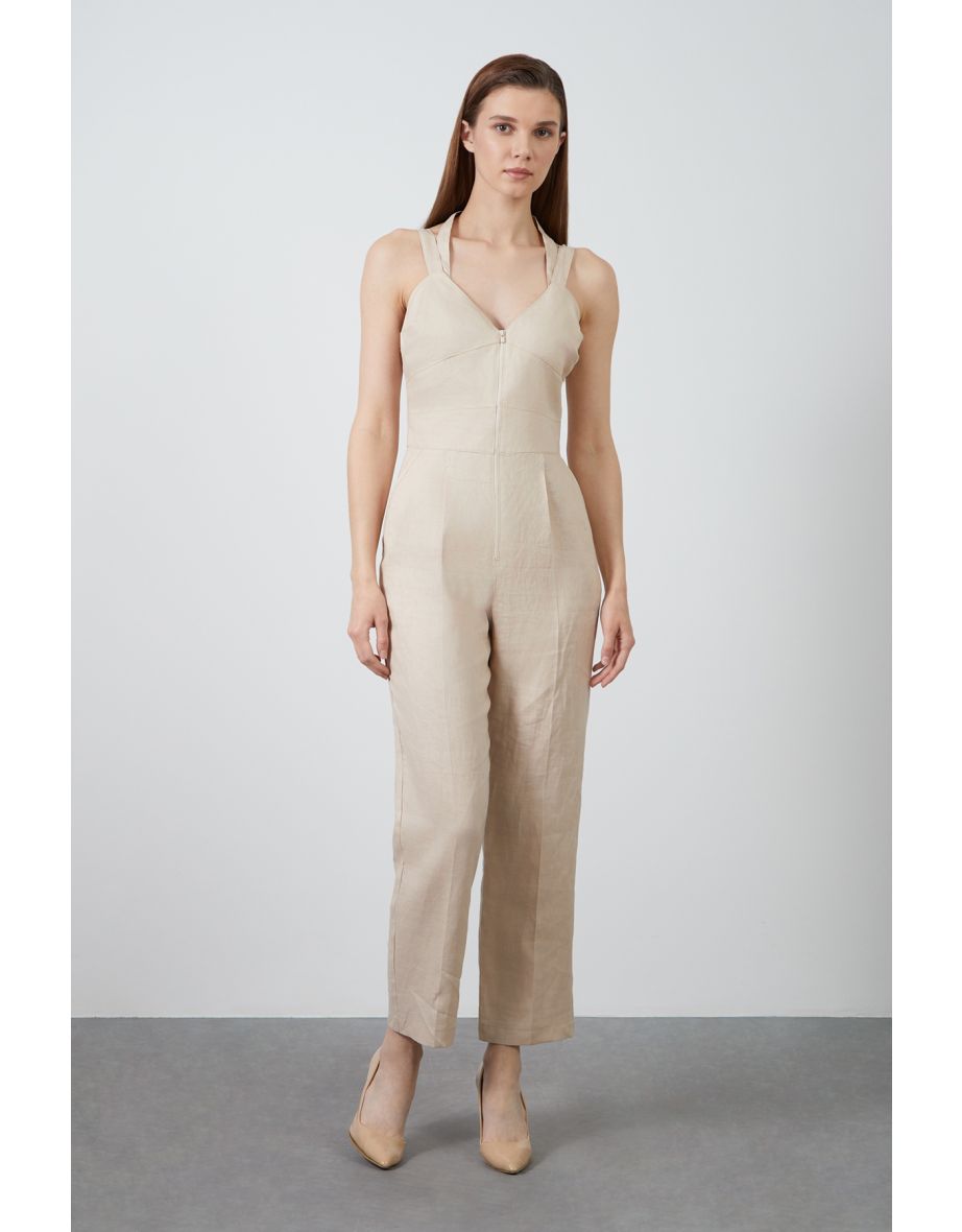 Beige Jumpsuit with Double Strap V-Neck