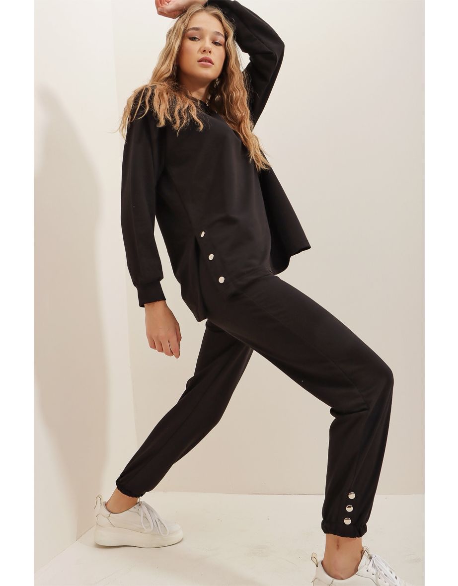 Women's Black Crew Neck Tracksuit Set with Button Detailed on the Side