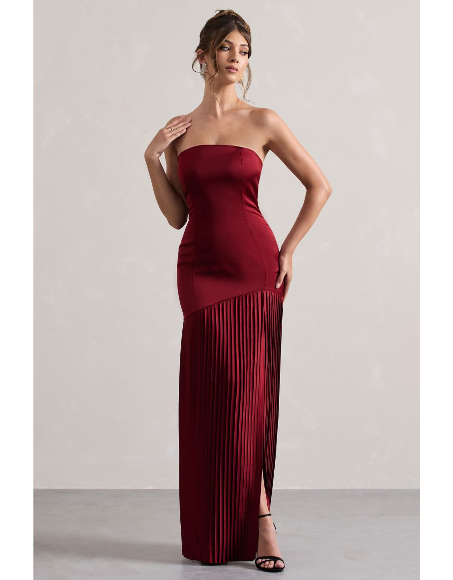 Confidence | Burgundy Satin Bandeau Pleated Split Maxi Dress - 4