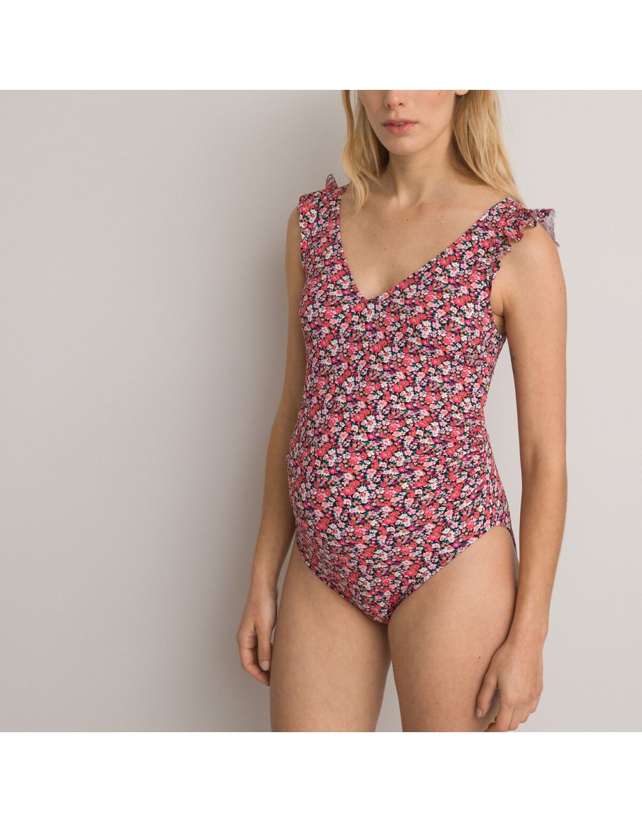 Floral Racerback Maternity Swimsuit with Ruffled Straps