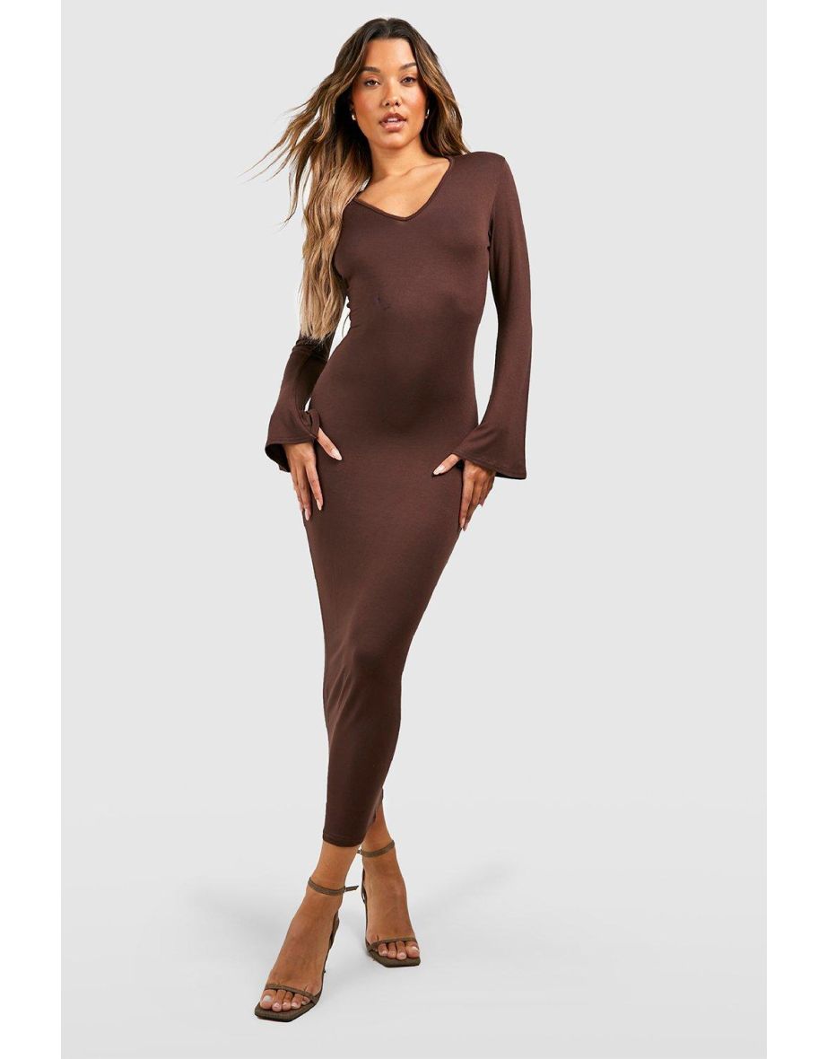 Plunge Flare Sleeve Midaxi Dress - chocolate