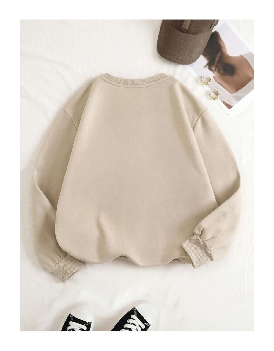 Women's Beige Plain Crew Neck Sweatshirt - 1