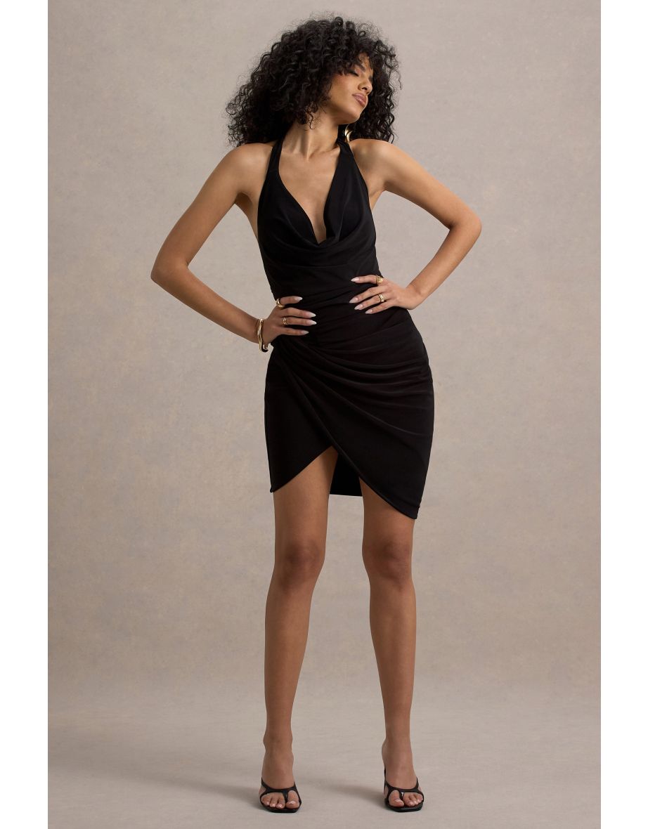 Vivia | Black Plunge-Neck Ruched Mini Dress - 5