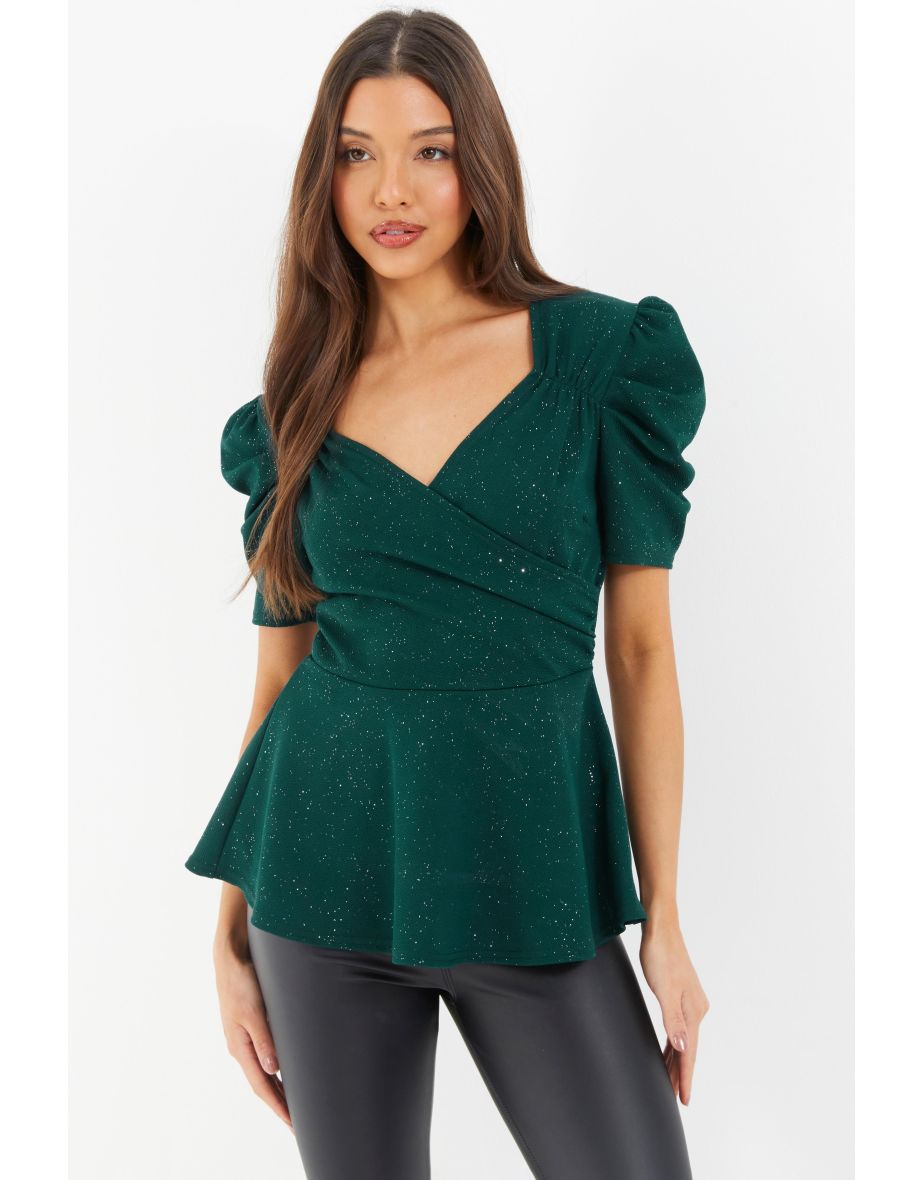 Shop Bottle Green Glitter Wrap Peplum Top Online in Oman VogaCloset