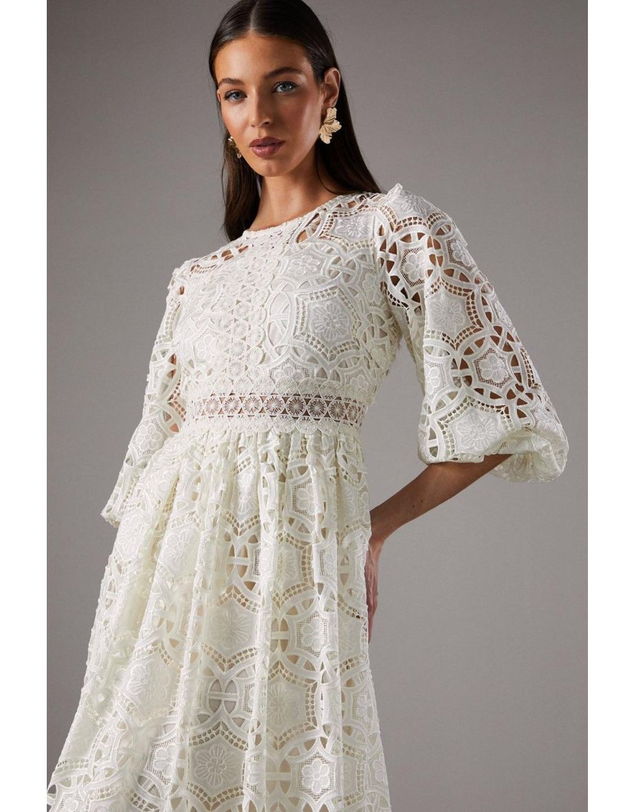 Geo lace Blouson Sleeve Midi Dress - 3