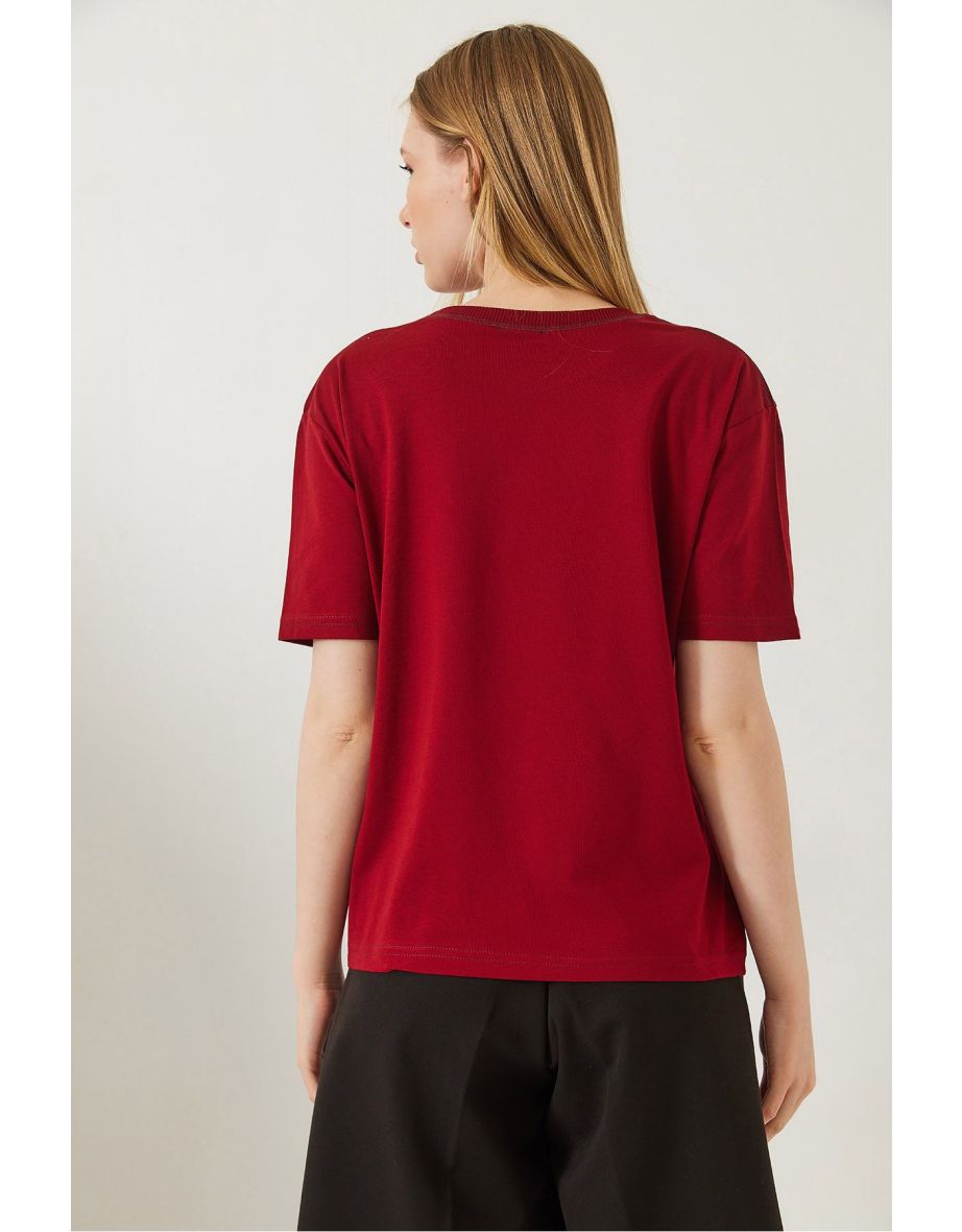 Women's Decorative Stitched Crew Neck T-shirt - 5
