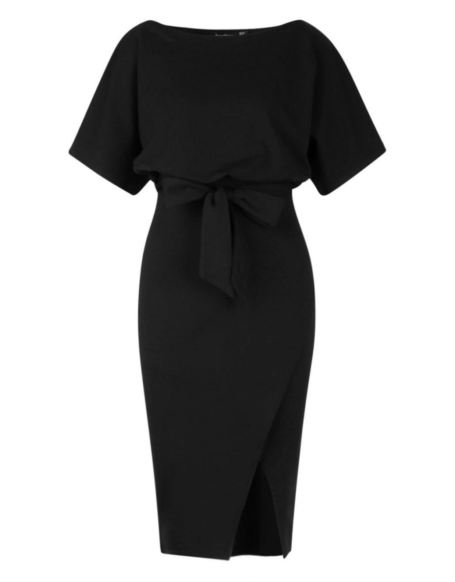 Slash Neck Tie Waist Midi Dress - black - 1
