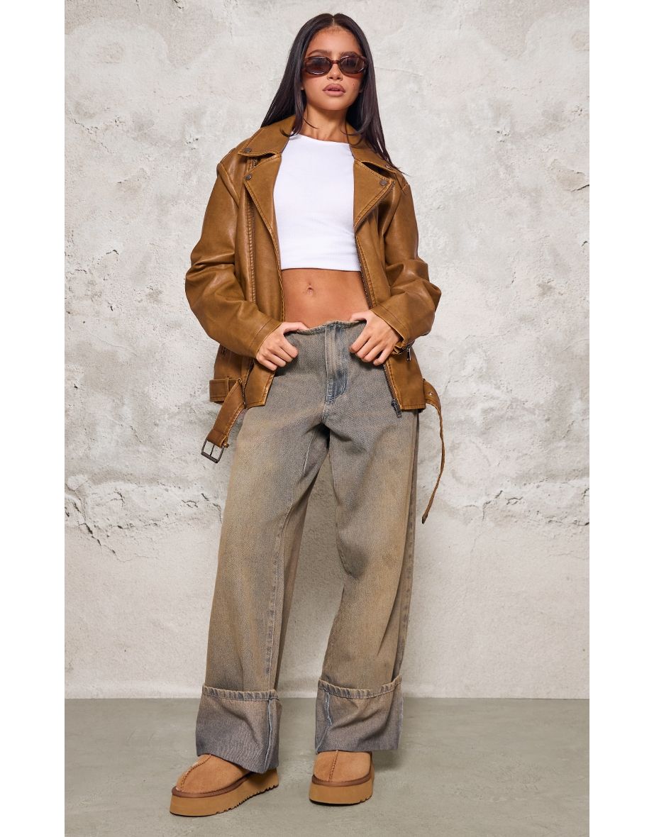 Petite Washed Brown Distressed Look Faux Leather Longline Biker Jacket