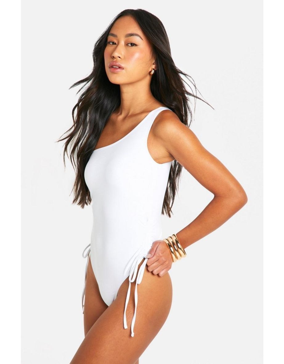 One Shoulder Ruched Sides Swimsuit - white