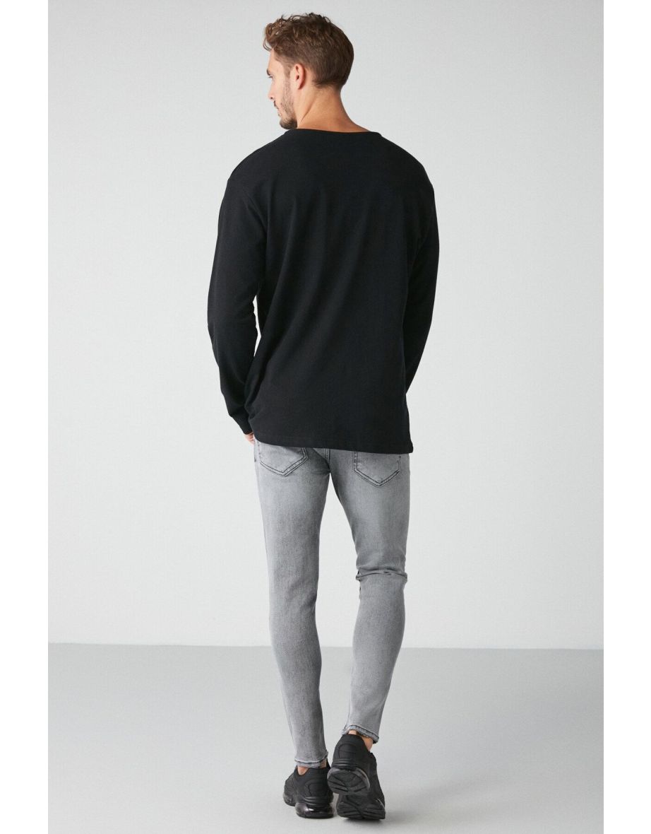 Lorenzo Men's Special Rustic Textured 100% Organic Cotton Button Detailed Regular Black Sweatshirt - 4