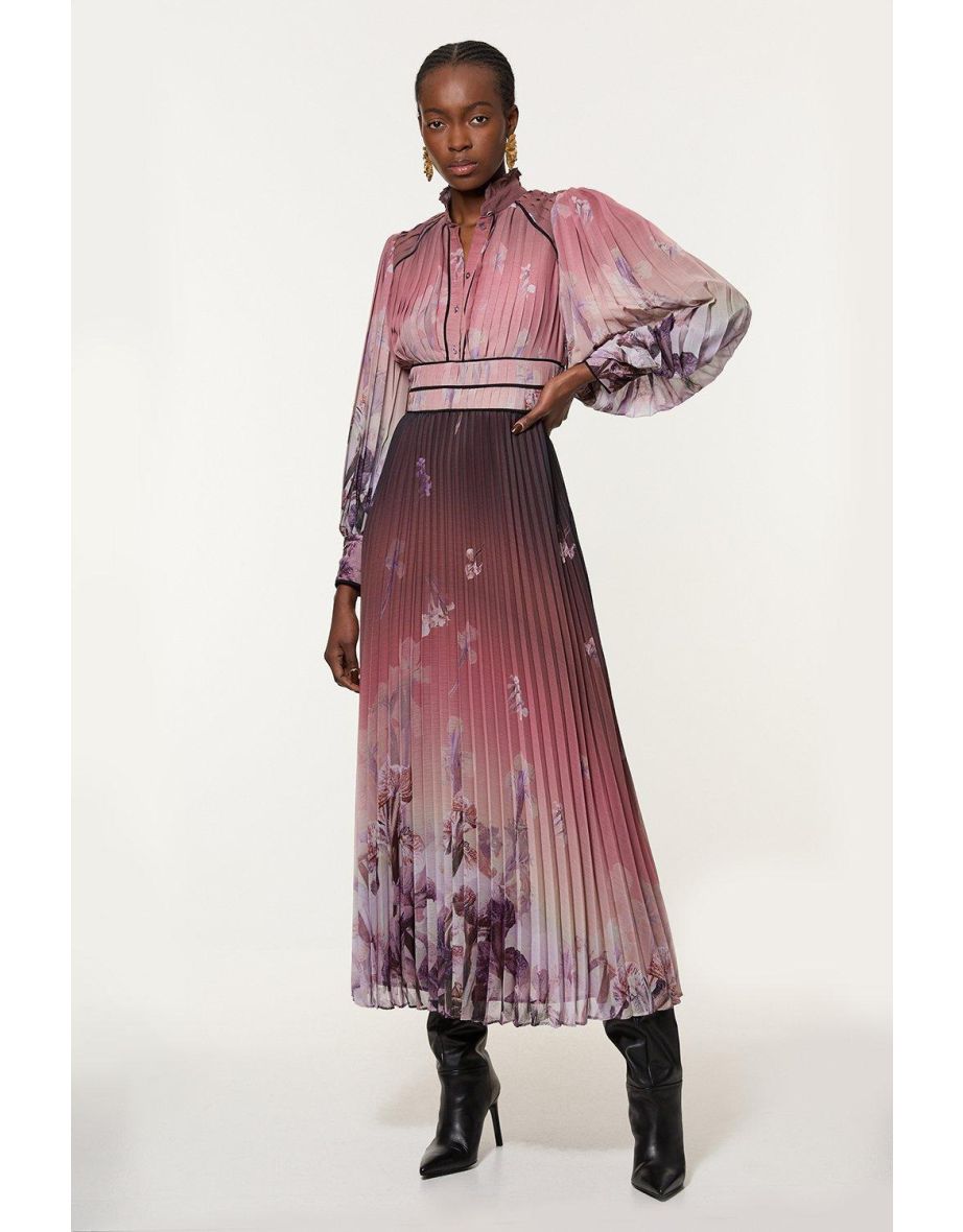 Crinkle Pleat Border Floral Button Front Woven Maxi Dress