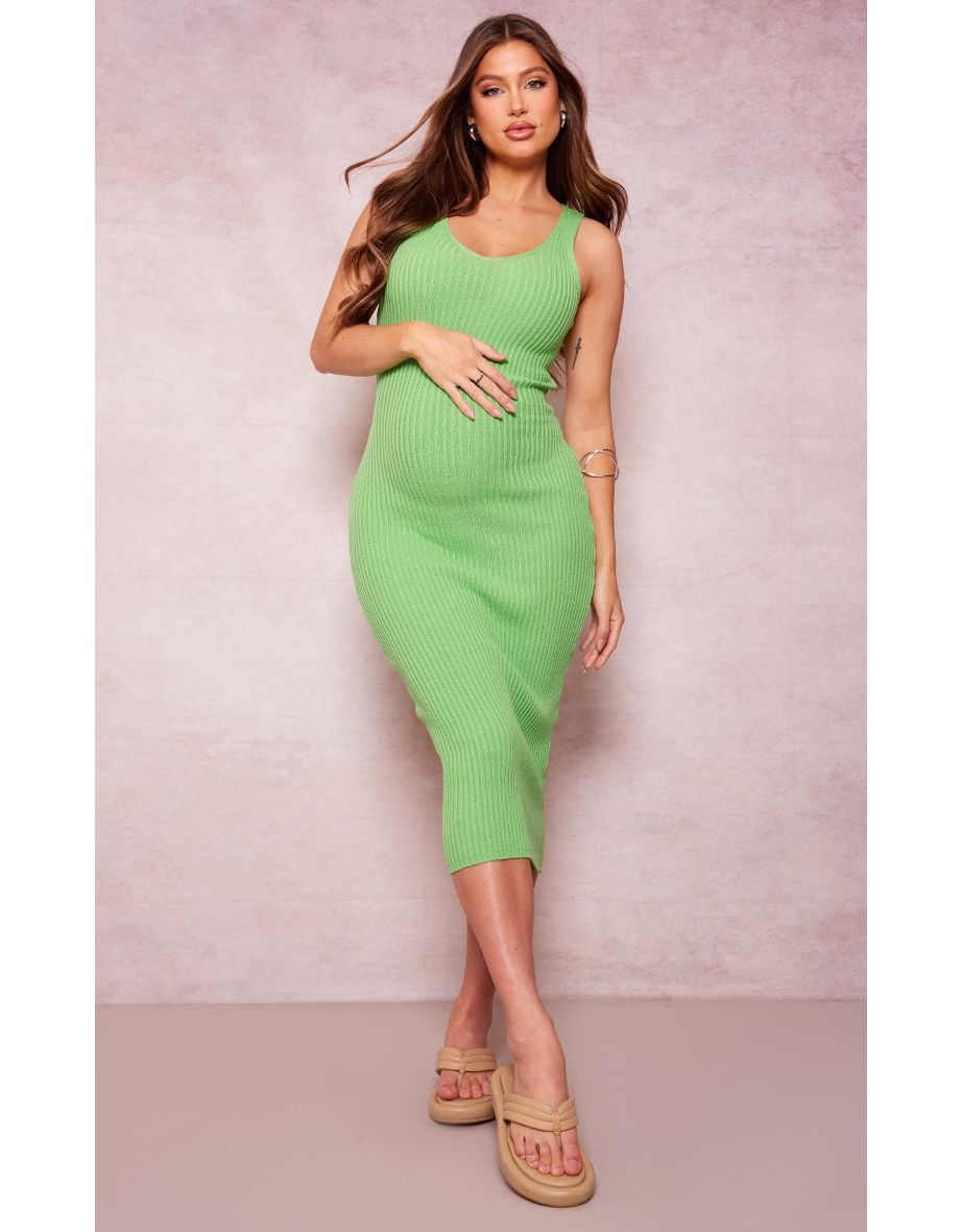 Maternity Green Knitted V Neck Midi Dress