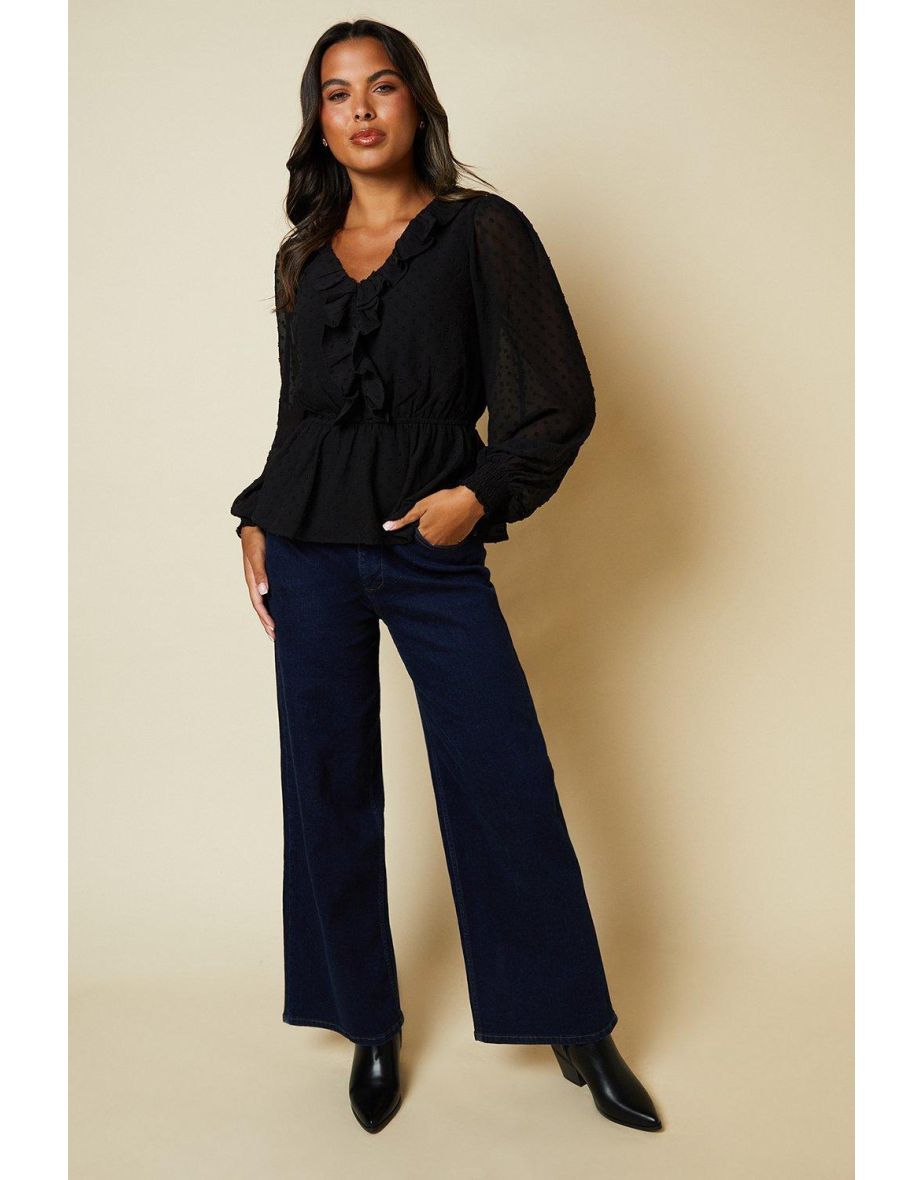 Ruffle Front Long Sleeve Dobby Chiffon Blouse