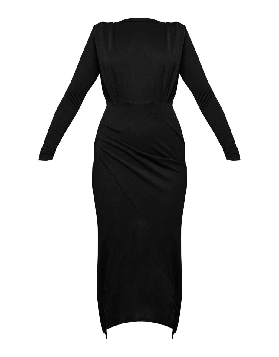 Black Shoulder Pad Long Sleeve Midaxi Dress - 4