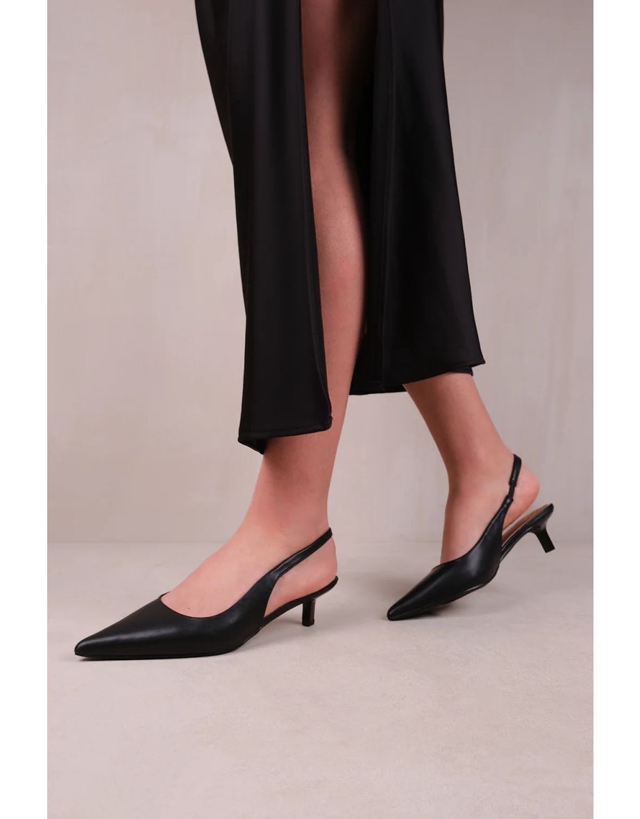 Shop NEW FORM WIDE FIT LOW KITTEN HEELS WITH POINTED TOE ELASTIC SLINGBACK IN BLACK FAUX LEATHER Online in Iraq VogaCloset