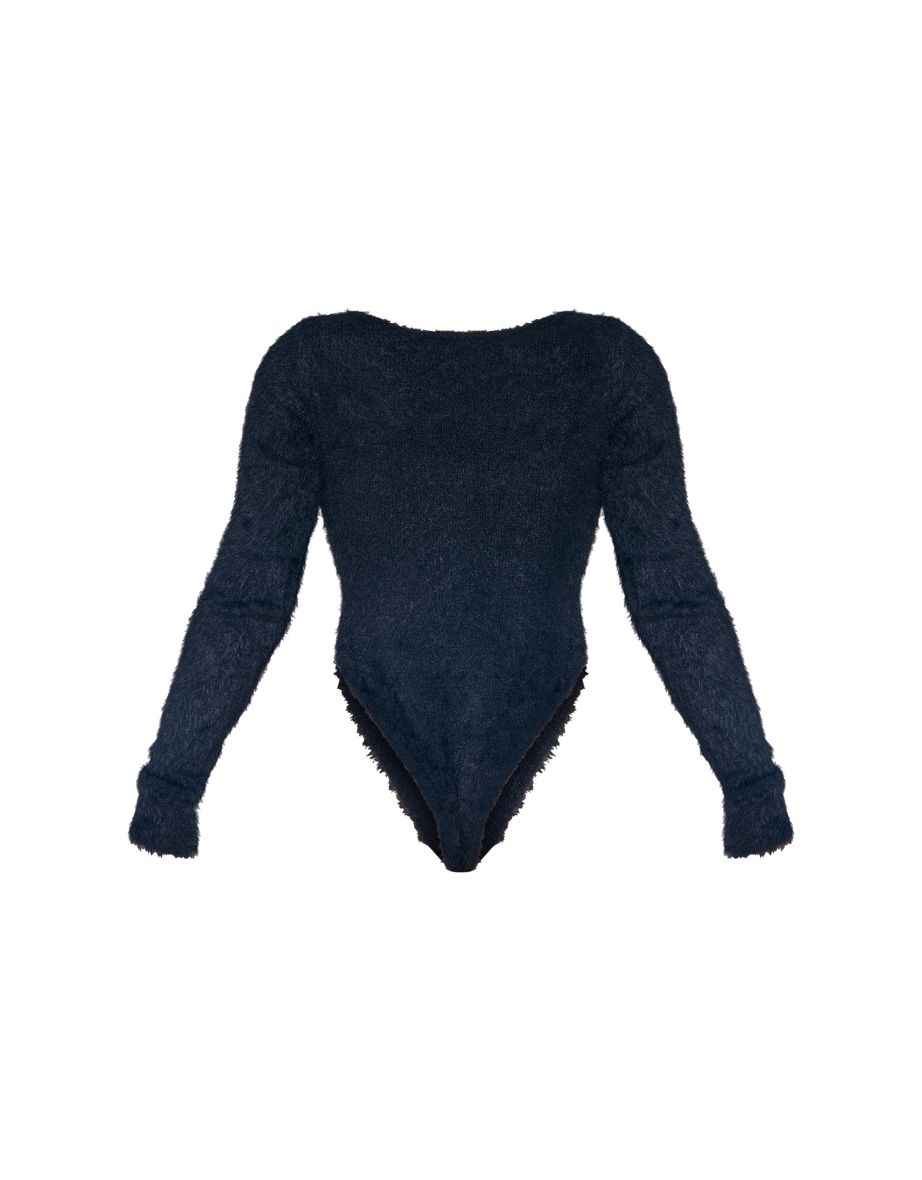 Petite Black Fluffy Round Neck Scoop Long Sleeve Bodysuit - 5