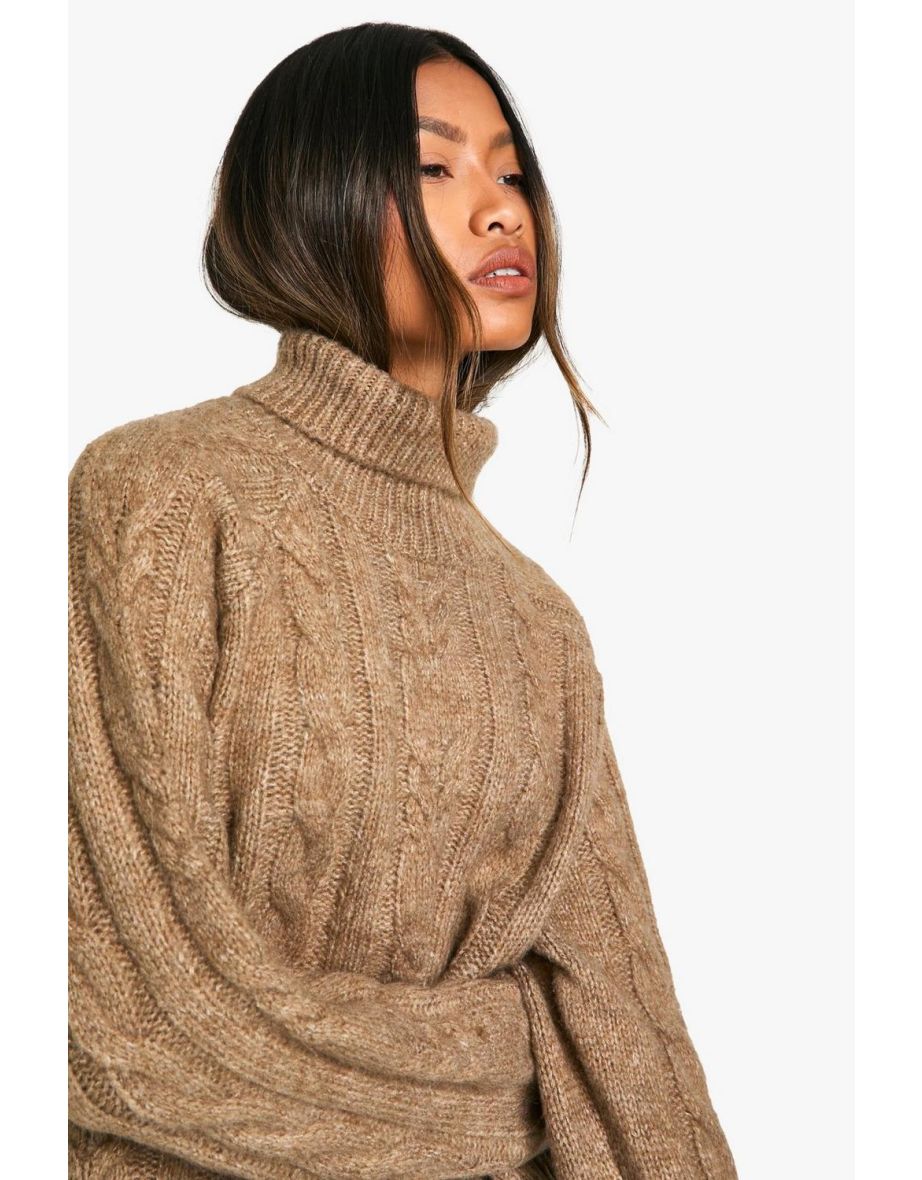 Cable Knit Roll Neck Jumper - camel - 3