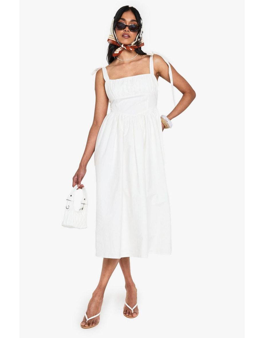 Cotton Ruched Bust Shoulder Tie Midi Dress - white