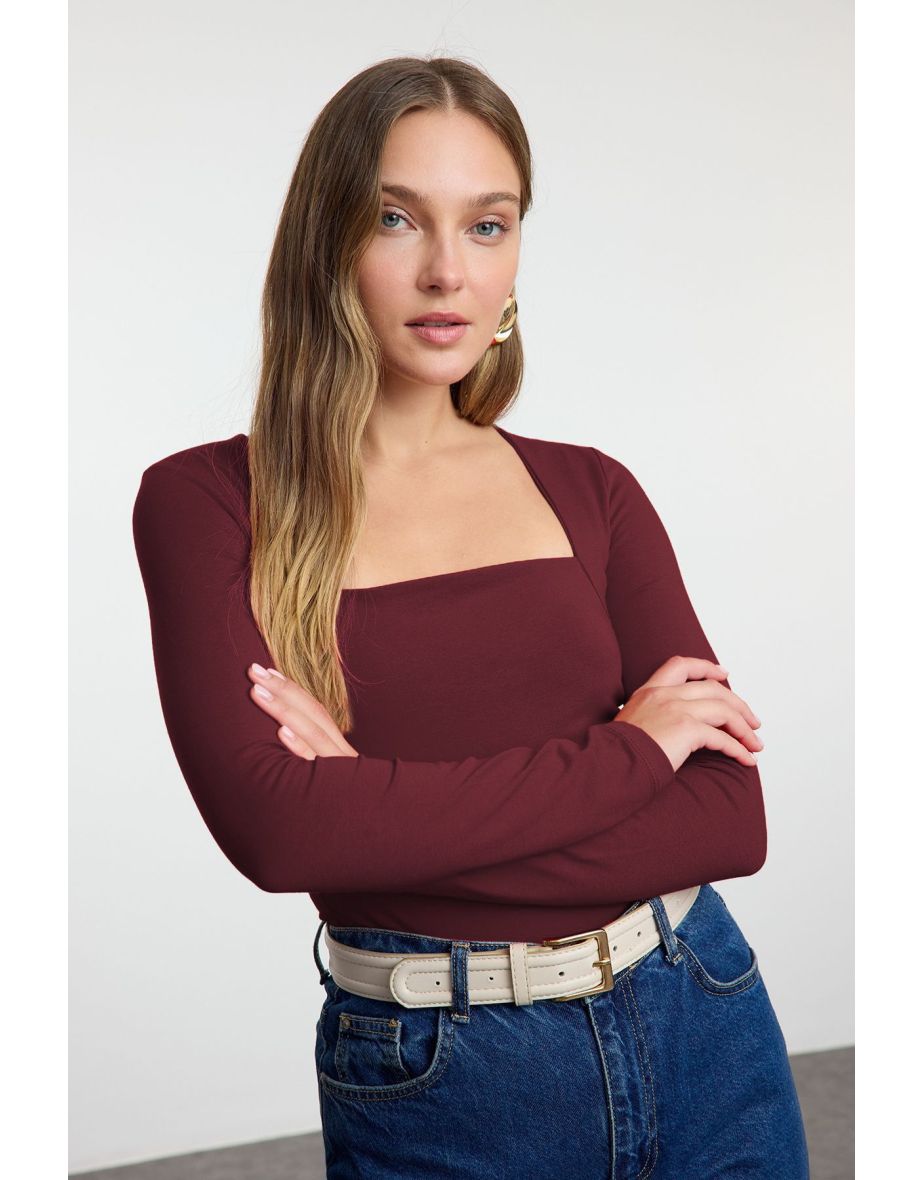 Dark Burgundy Square Neck Gathered/Drape Detailed Slim/Fits Body Knitted top