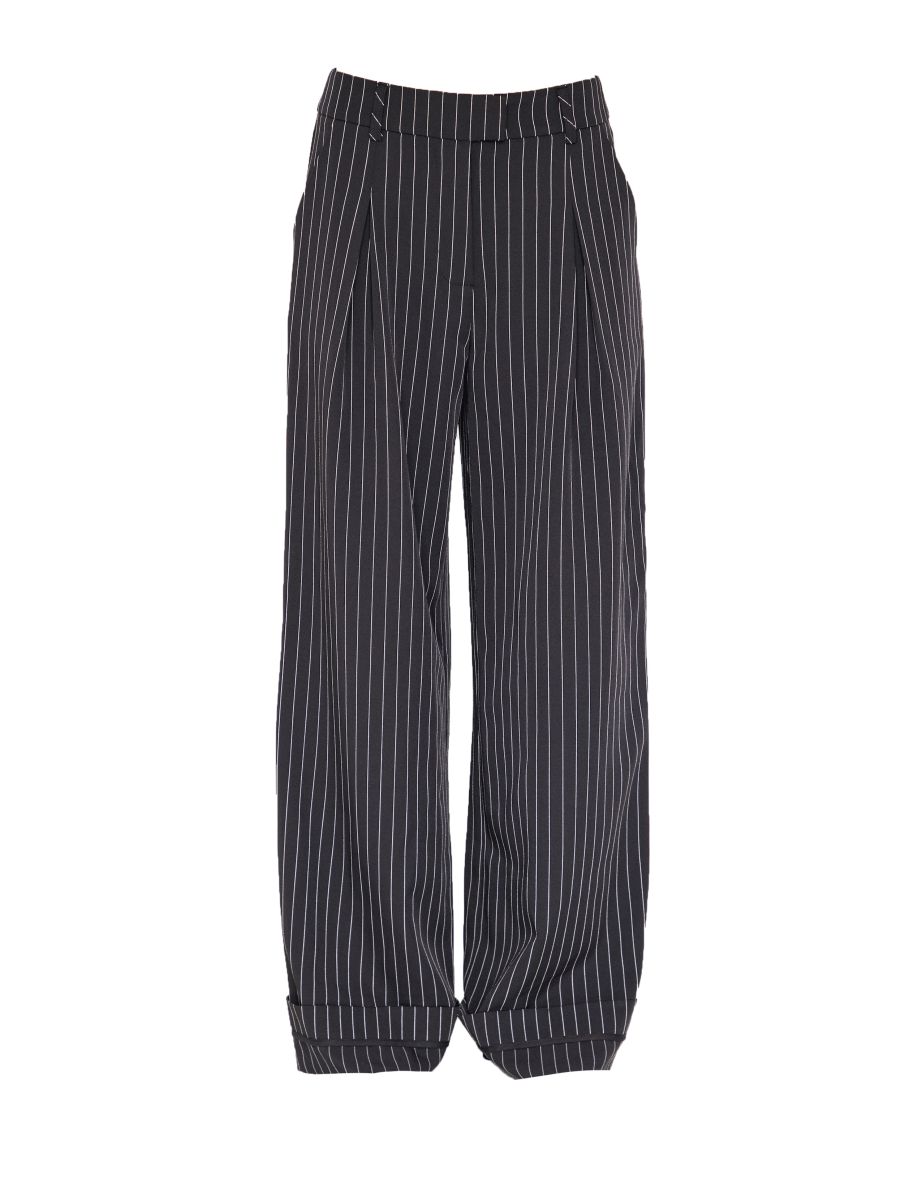 Black Pinstripe Tailored High Waisted Turn Up Hem Straight Leg Trousers - 4