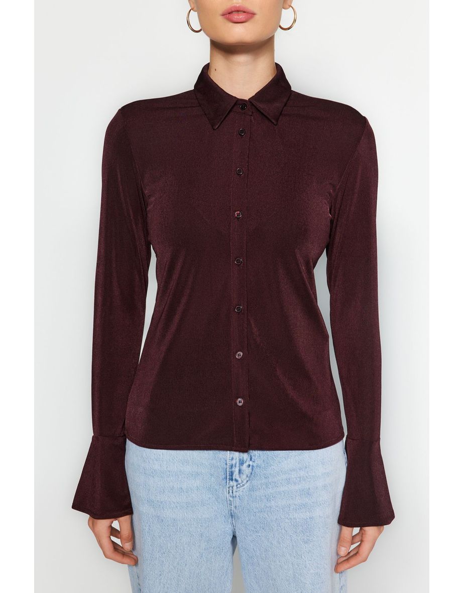Brown Premium Shiny Surface and Soft Textured Polo Collar Button-Up Knitted Shirt - 3
