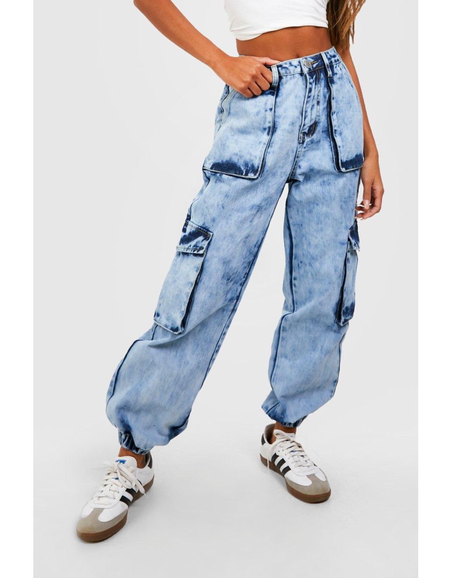 Overdyed High Waisted Cargo Jogger Jeans - light wash - 3