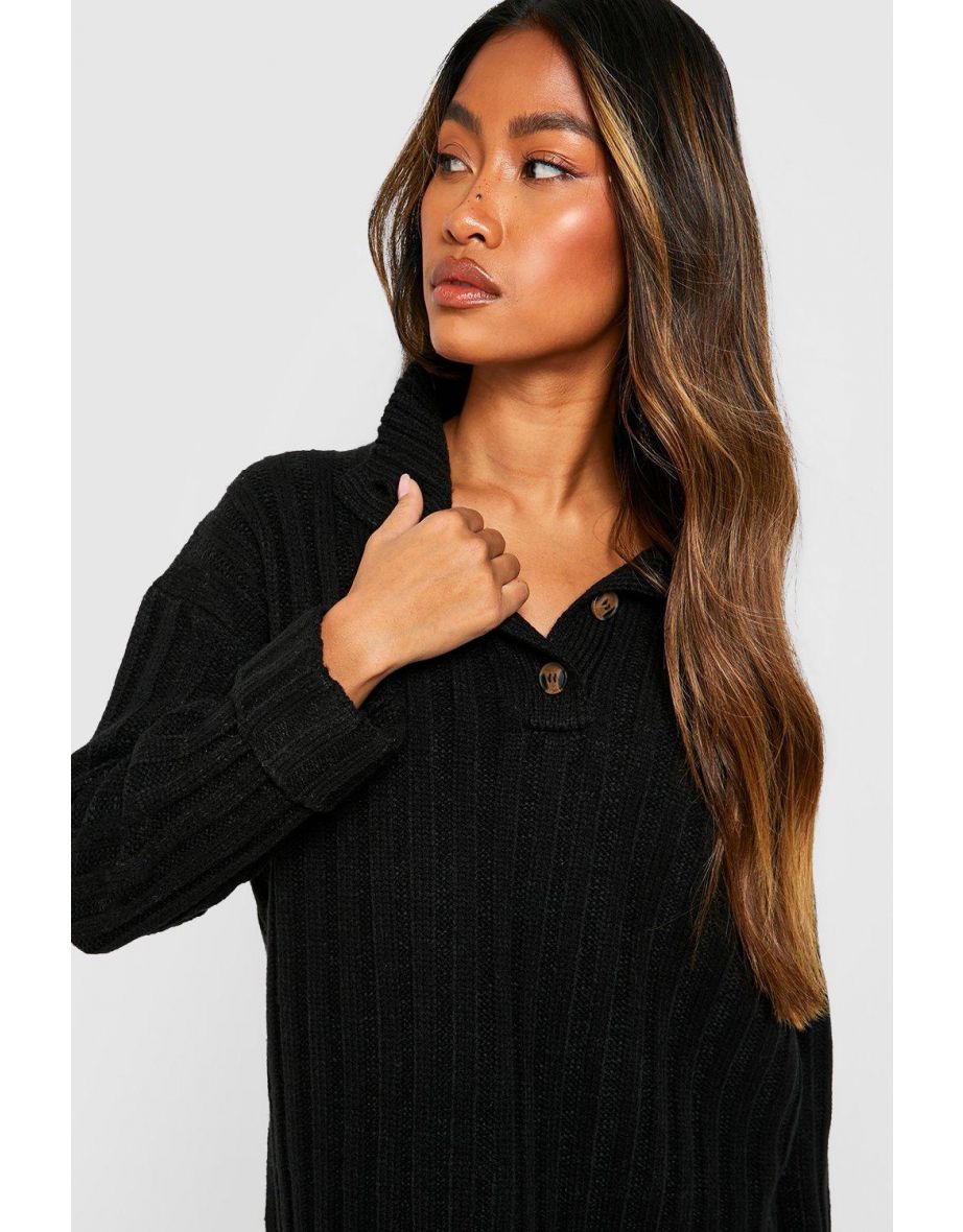 Polo Collar Knitted Jumper With Rolled Up Cuffs - black - 3