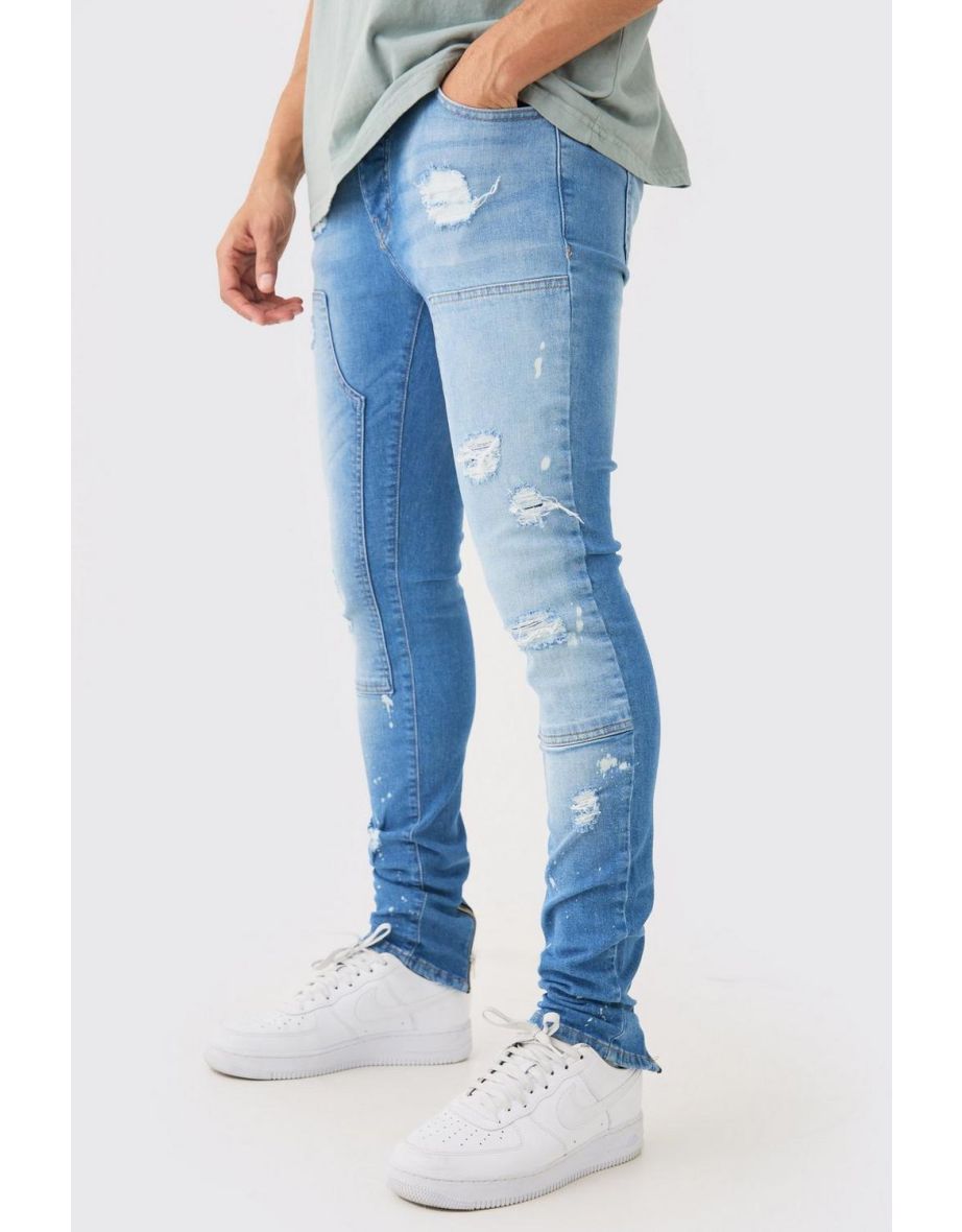 Skinny Stretch Stacked Ripped Carpenter Zip Hem Jeans In Light Blue - light blue