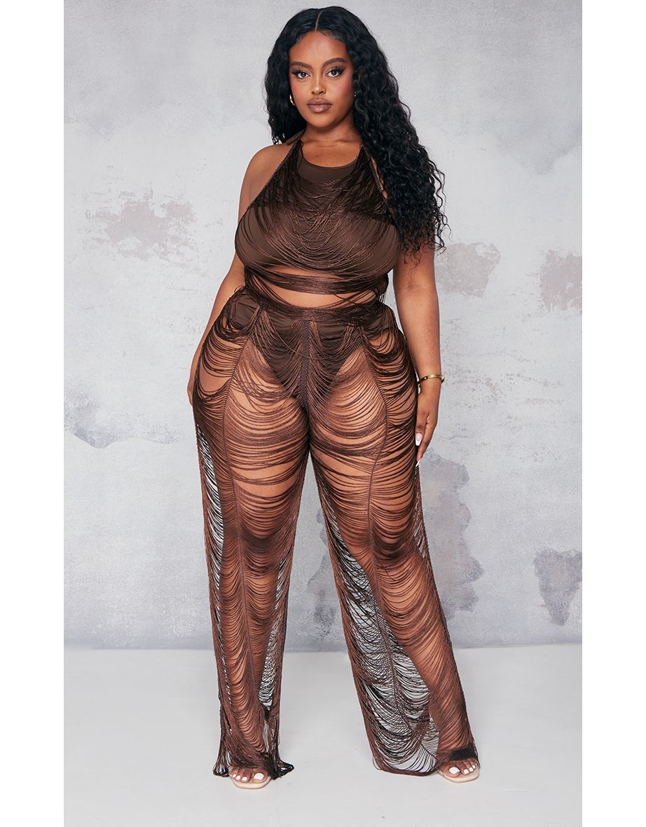 Plus Chocolate Tassel Distressed Trouser
