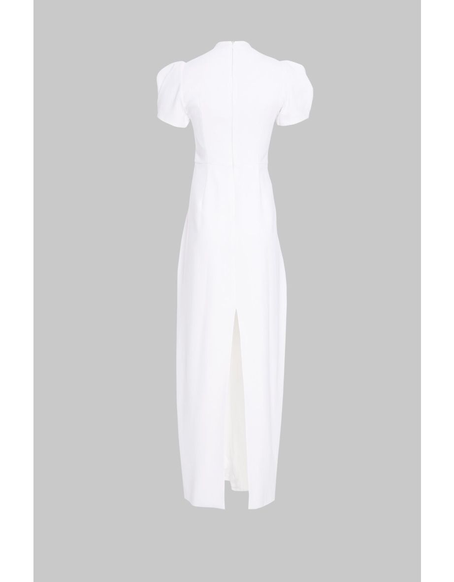 V Neck Stone Pearl Embroidered Long Ecru Evening Dress - 2