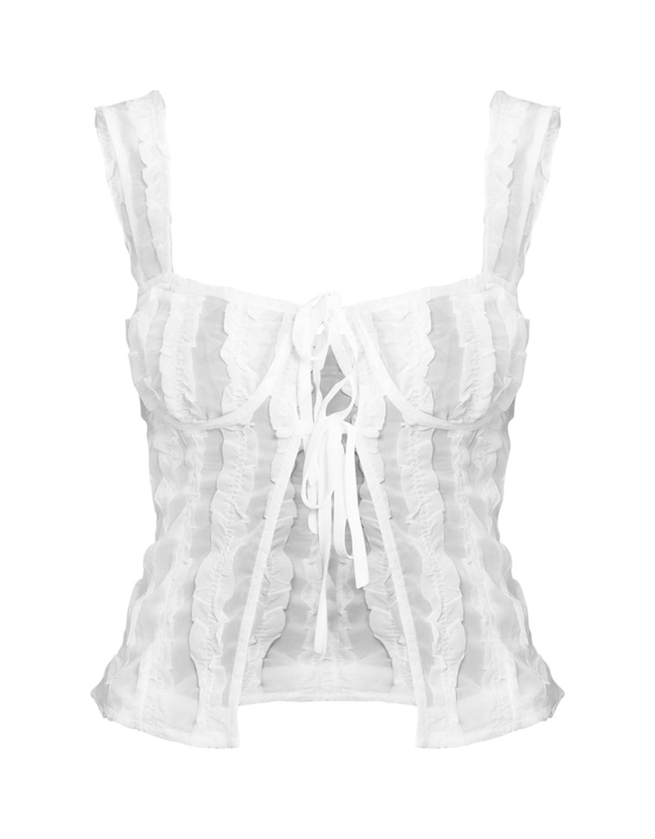 White Textured Tie Detail Crop Top - 4