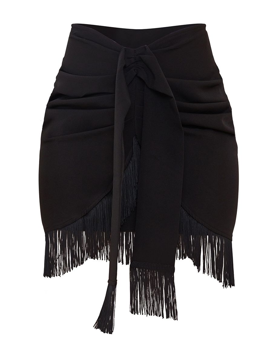 Black Woven Tassel Tie Waist Wrap Skirt - 5