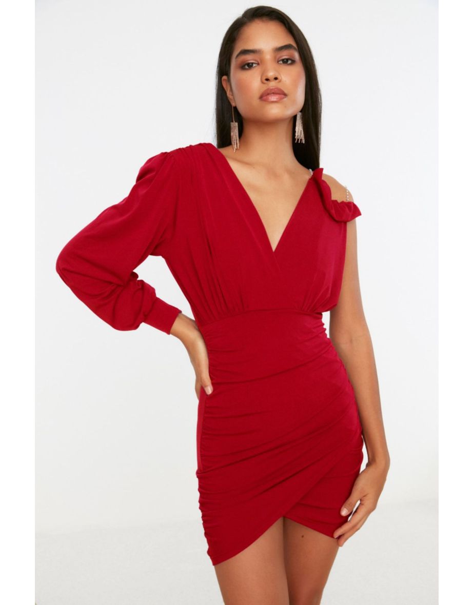 Red Shiny Stone Knitted Short Elegant Evening Dress