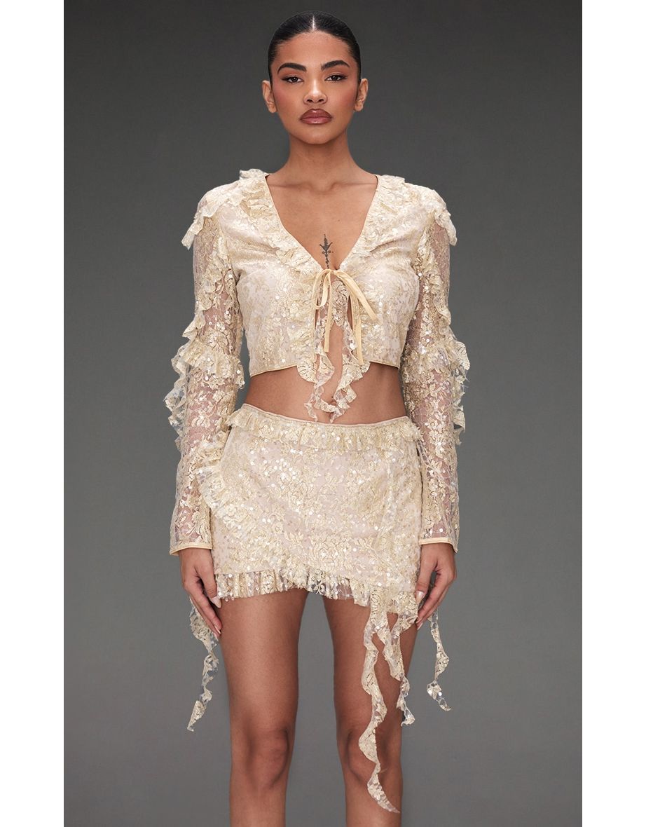 Champagne Sequin Lace Ruffle Detail Tie Front Blouse