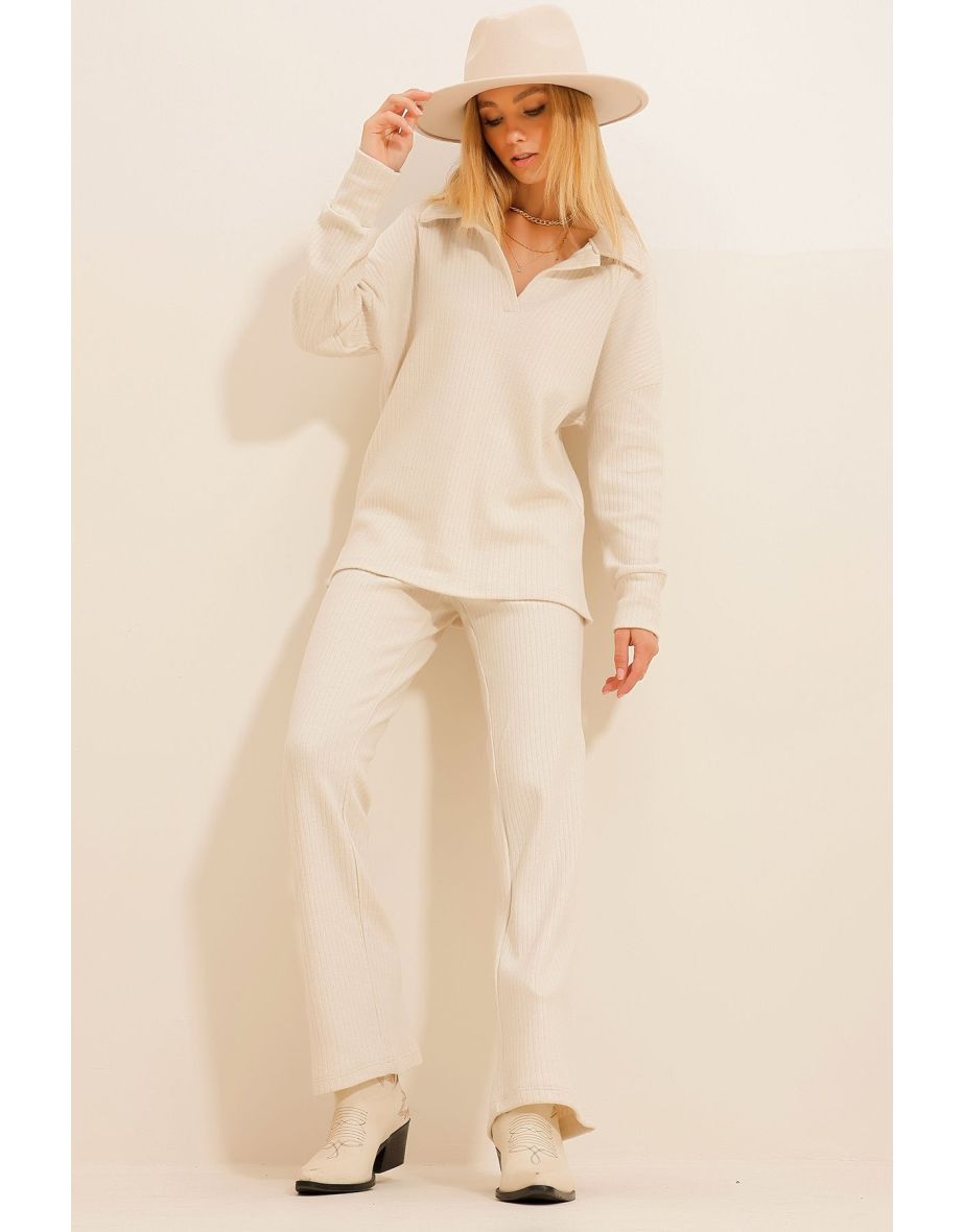 Women's Cream Polo Neck Top And Palazzon Trousers Knitwear Bottom Top Set