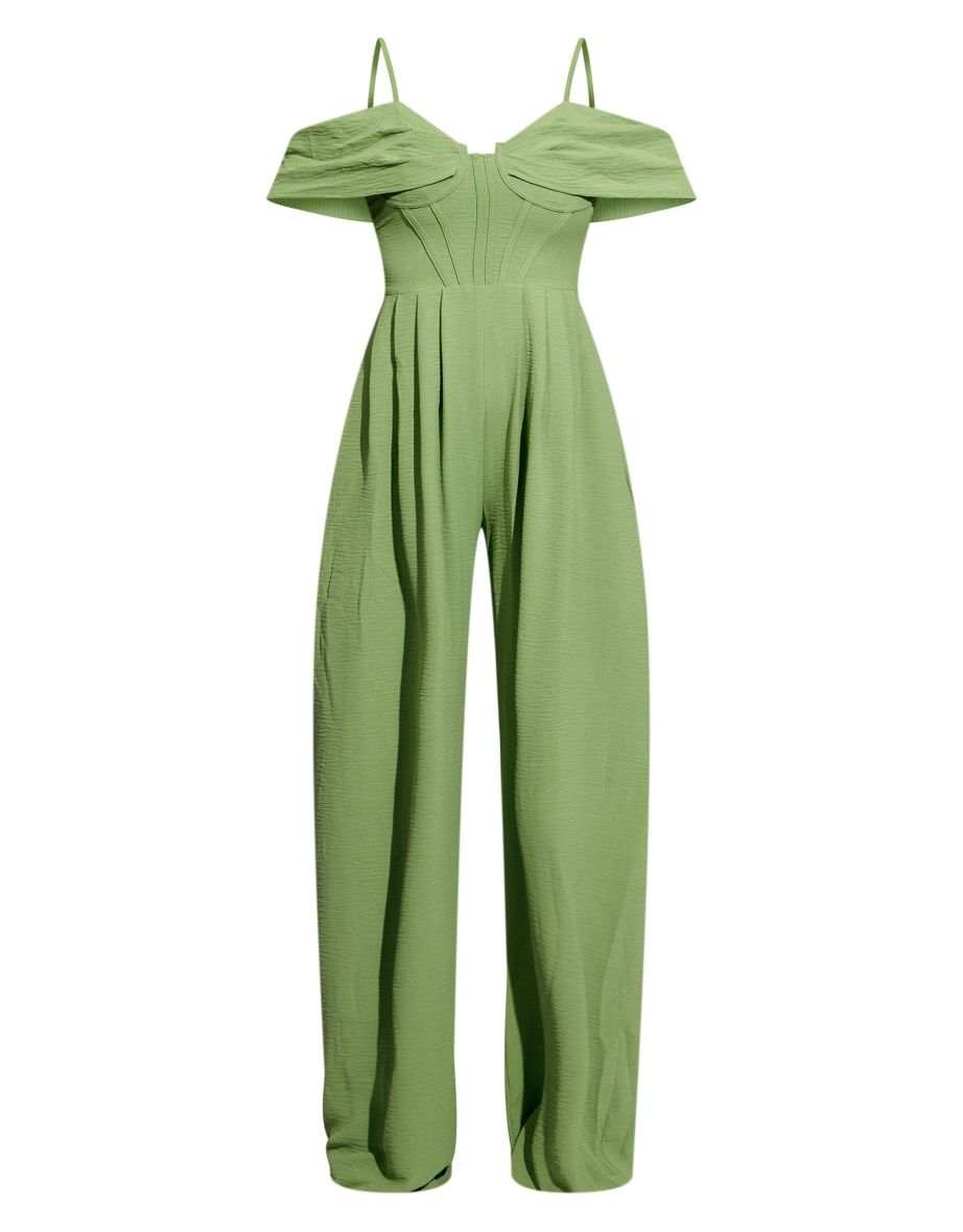 Sage Green Corset Detail Draped Extreme Wide Leg Jumpsuit - 4
