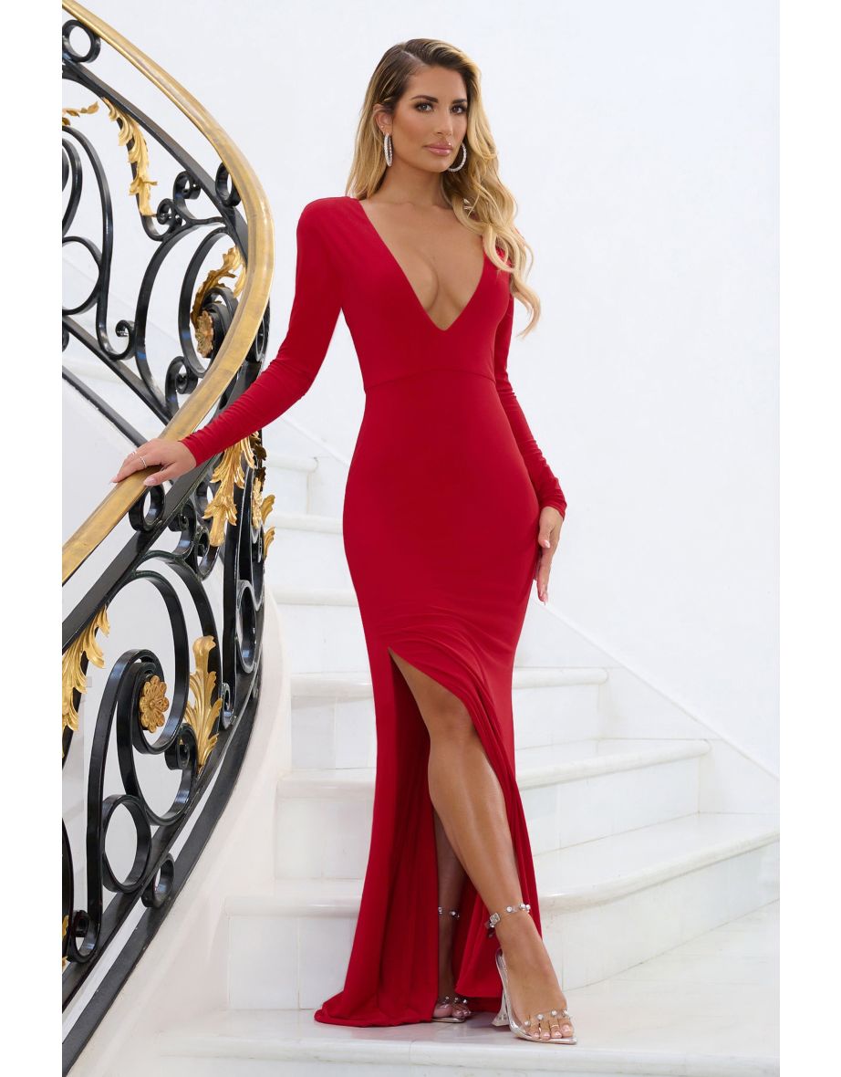 Delight | Red Extreme Plunge Long Sleeve Maxi Dress