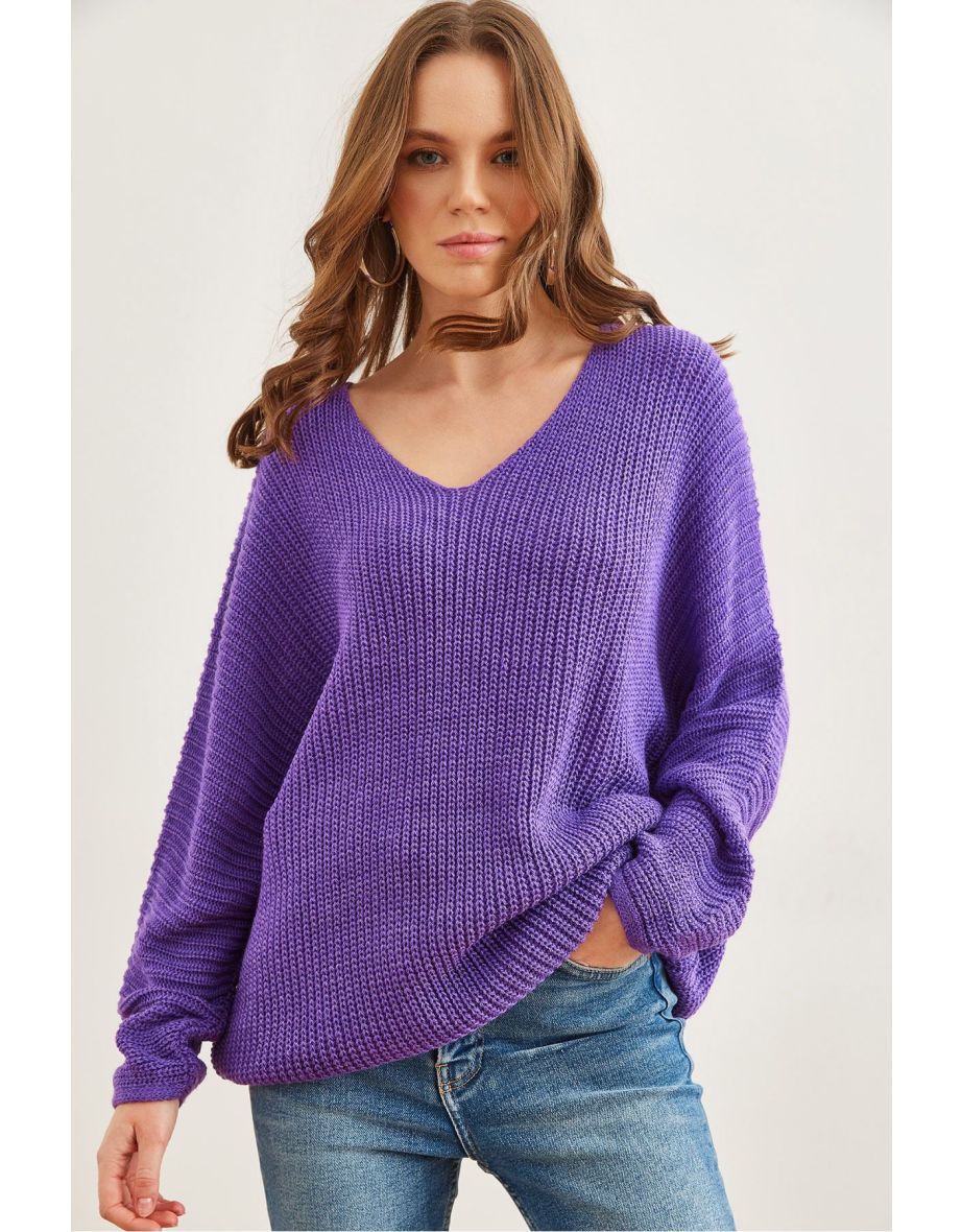 Women's Purple V Neck Selanik Knitting Oversize Knitted Tunic