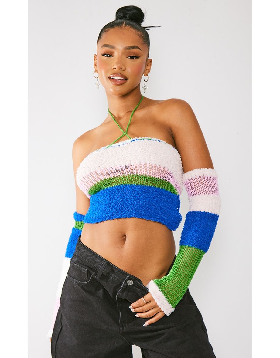 Multi Contrast Mixed Knit Bandeau Top & Sleeves